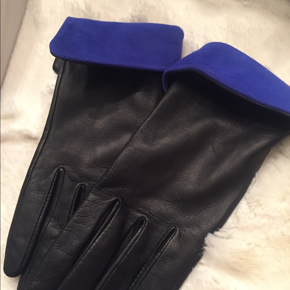 Rare Loewe Black Leather Gloves Blue Suede 7.5 - Picture 6 of 9